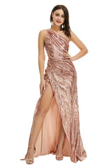 Rose Gold One Shoulder with Side Slit Prom Dresses