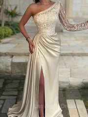 Sheath/Column One-Shoulder Sweep Train Elastic Woven Satin Prom Dresses With Leg Slit