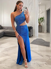 Sheath/Column One-Shoulder Sweep Train Jersey Prom Dresses With Leg Slit