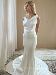 Sheath/Column Scoop Court Train Silk like Satin Wedding Dresses