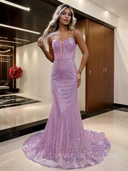 Sheath/Column Spaghetti Straps Court Train Sequins Prom Dresses