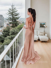 Sheath/Column Spaghetti Straps Floor-Length Silk like Satin Evening Dresses With Leg Slit