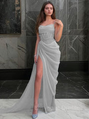 Sheath/Column Spaghetti Straps Sweep Train Organza Prom Dresses With Leg Slit