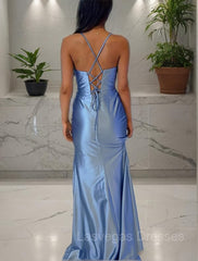 Sheath/Column Spaghetti Straps Sweep Train Silk like Satin Prom Dresses With Leg Slit