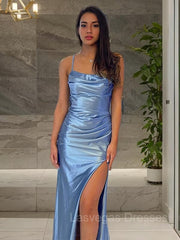 Sheath/Column Spaghetti Straps Sweep Train Silk like Satin Prom Dresses With Leg Slit