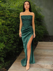 Sheath/Column Strapless Sweep Train Sequins Prom Dresses With Leg Slit