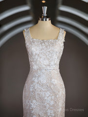 Sheath/Column Straps Sweep Train Lace Wedding Dresses with Appliques Lace