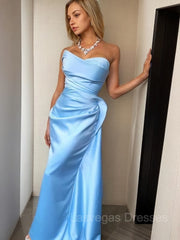 Sheath/Column Sweetheart Sweep Train Satin Prom Dresses With Ruffles