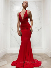 Sheath/Column V-neck Sweep Train Jersey Prom Dresses With Ruffles