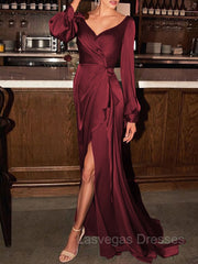 Sheath/Column V-neck Sweep Train Silk like Satin Mother of the Bride Dresses With Ruched