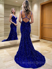 Sheath/Column V-neck Sweep Train Velvet Sequins Prom Dresses