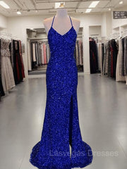 Sheath/Column V-neck Sweep Train Velvet Sequins Prom Dresses With Leg Slit