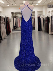 Sheath/Column V-neck Sweep Train Velvet Sequins Prom Dresses With Leg Slit