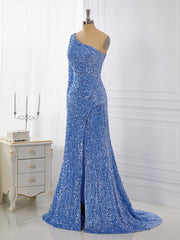 Sheath Long Sleeves Velvet Sequins One-Shoulder Sweep Train Dress