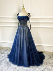 Shiny Navy Blue Tulle Straps Long Prom Dresses Party Dresses, A-line Beaded Prom Dresses