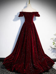 Shiny Off the Shoulder Burgundy Long Prom Dresses, Off Shoulder Wine Red Formal Evening Dresses