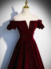 Shiny Off the Shoulder Burgundy Long Prom Dresses, Off Shoulder Wine Red Formal Evening Dresses