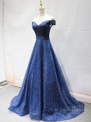 Shiny Off the Shoulder Navy Blue Long Prom Dresses, Off Shoulder Blue Formal Evening Dresses