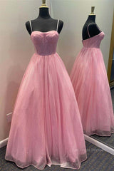 Shiny Tulle Open Back Long Prom Dress, Long Tulle Formal Graduation Evening Dress