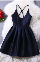 Short Navy Blue Women Dresses, Cross Back Party Dresses,Graduation Dresses