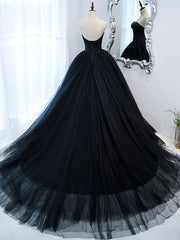 Simple Black Sweetheart Neck Tulle Long Prom Dress, Black Evening Dresses