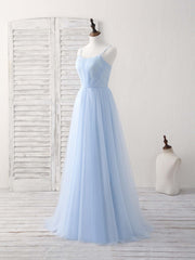 Simple Blue Tulle Long Prom Dress Blue Bridesmaid Dress