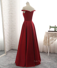 Simple burgundy off shoulder long prom dress, burgundy evening dress