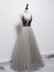 Simple gray v neck tulle long prom dress, gray tulle formal dress