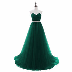 Simple Green Beaded Waist Tulle A-line Floor Length Party Dress, Green Formal Dress