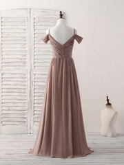 Simple V Neck Dark Champagne Chiffon Long Prom Dress, Bridesmaid Dress