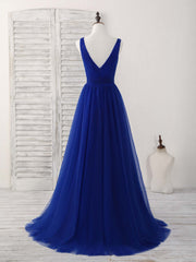 Simple V Neck Royal Blue Tulle Long Prom Dress Blue Evening Dress