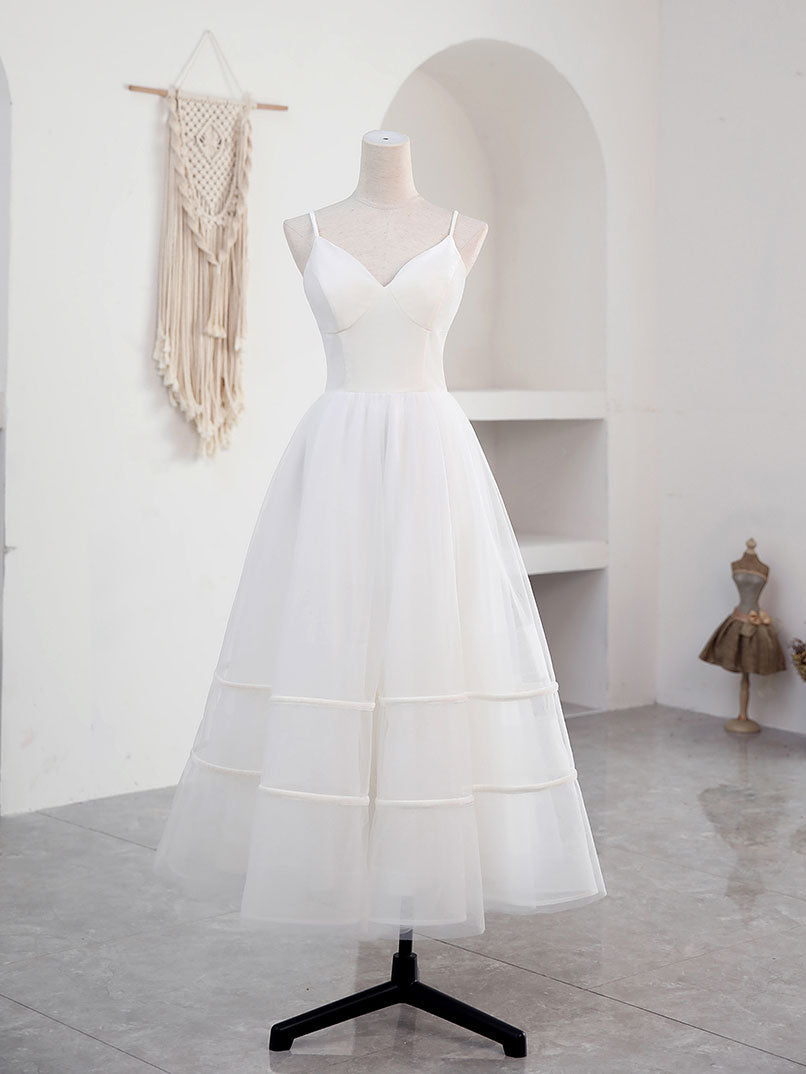 Simple V Neck Tulle Tea Length White Prom Dress, White Bridesmaid Dress