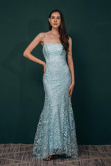 Sky Blue Backless Long Lace Spaghetti Straps Prom Dresses