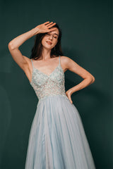 Spaghetti Straps Beading Front Split Long Sky Blue Prom Dresses