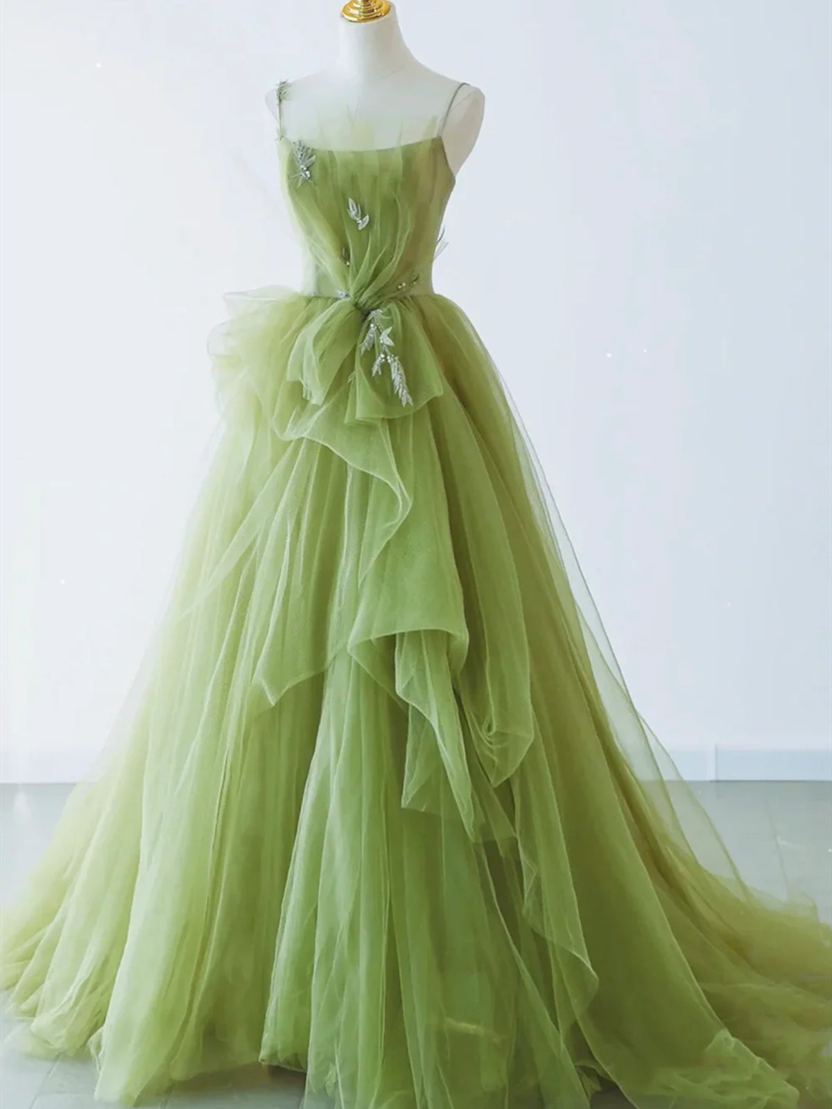 Spaghetti Straps Green Tulle Long Prom Dresses, Green Tulle Long Formal Evening Dresses