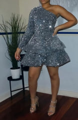 Sparkly Sequin Cocktail Dresses Short A Line One Shoulder African Women Formal Long Sleeve Homecoming Dress