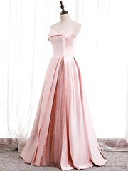 Strapless A-line Pink Satin Prom Dresses, Pink Satin Long Party Dress