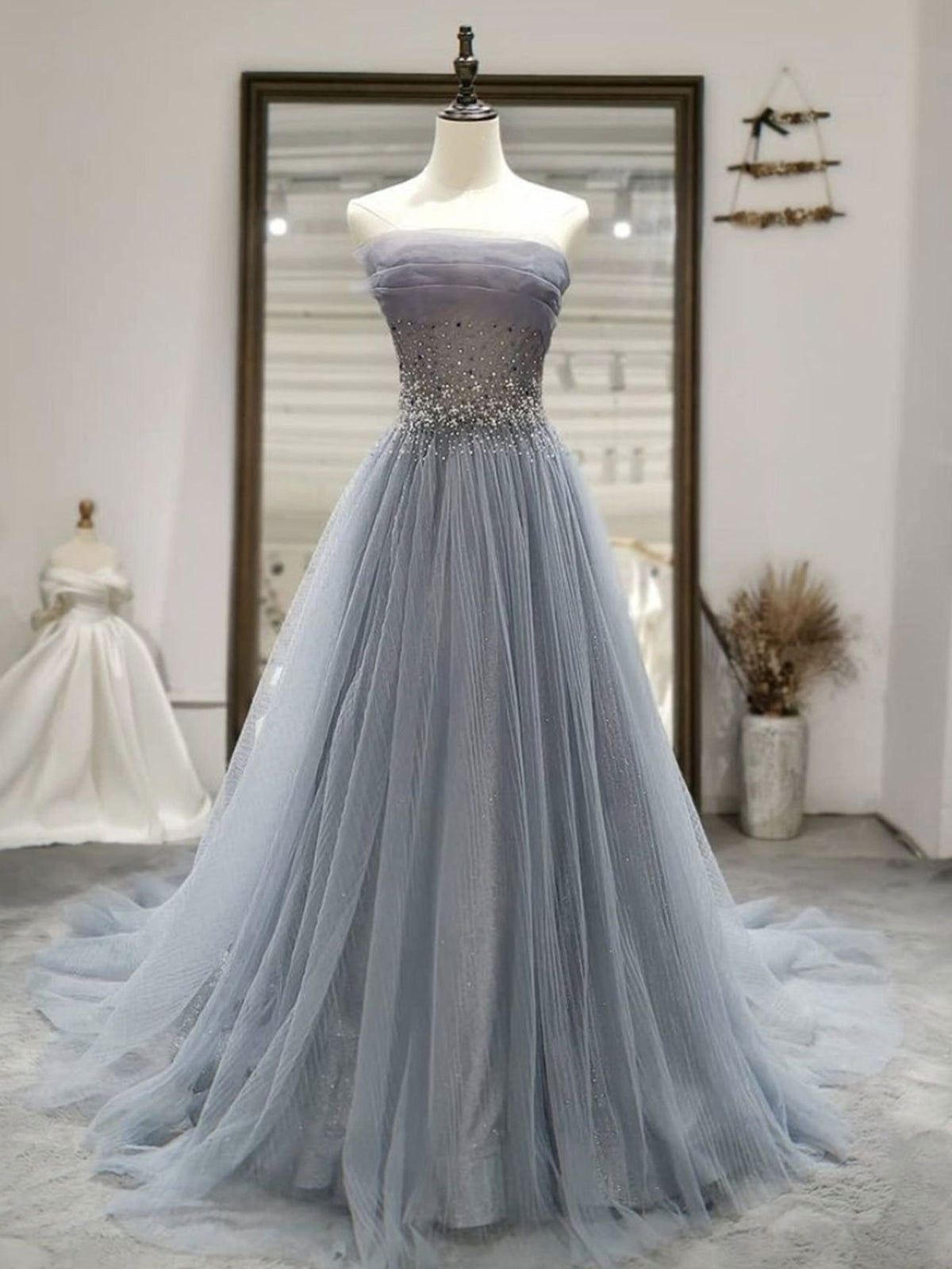 Strapless Gray Tulle Long Prom Dresses, Strapless Gray Long Formal Evening Dresses