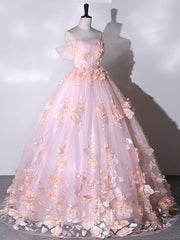 Stunning Pink Floral Off the Shoulder Prom Dresses Ball Gown Quinceanera Dress