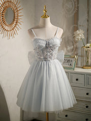 Sweetheart Neck Short Gray Tulle Prom Dresses, Short Grey Tulle Formal Graduation Dresses