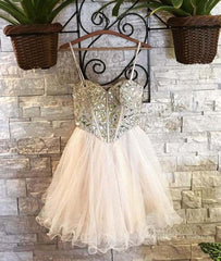 Sweetheart Neck Spaghetti Straps Tulle Champagne Homecoming Dresses, Champagne Short Prom Dresses, Graduation Dresses, Evening Dresses