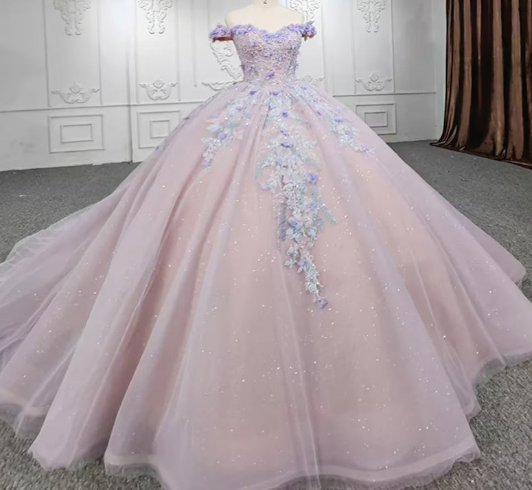 Sweetheart Off The Shoulder Beaded Floral Appliqué quinceanera Ball Gown