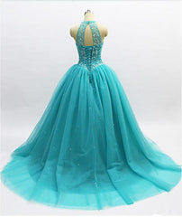 Teal Blue Tulle Beaded Ball Gown High Neckline Sweet 16 Dress, Blue Quinceanera Dresses