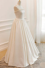 Thin Straps Open Back Ivory Satin Long Prom Dresses with Pearls, Long Ivory Formal Graduation Evening Dresses