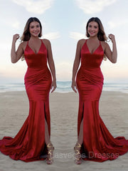 Trumpet/Mermaid Halter Sweep Train Silk like Satin Prom Dresses With Leg Slit