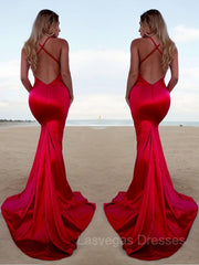 Trumpet/Mermaid Halter Sweep Train Silk like Satin Prom Dresses With Leg Slit