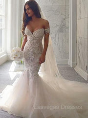 Trumpet/Mermaid Off-the-Shoulder Chapel Train Tulle Wedding Dresses