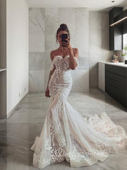 Trumpet/Mermaid Off-the-Shoulder Sweep Train Tulle Wedding Dresses With Appliques Lace