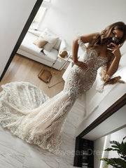 Trumpet/Mermaid Off-the-Shoulder Sweep Train Tulle Wedding Dresses With Appliques Lace