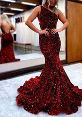 Trumpet Mermaid One Shoulder Sleeveless Long Floor Length Velvet Sequins Prom Dress